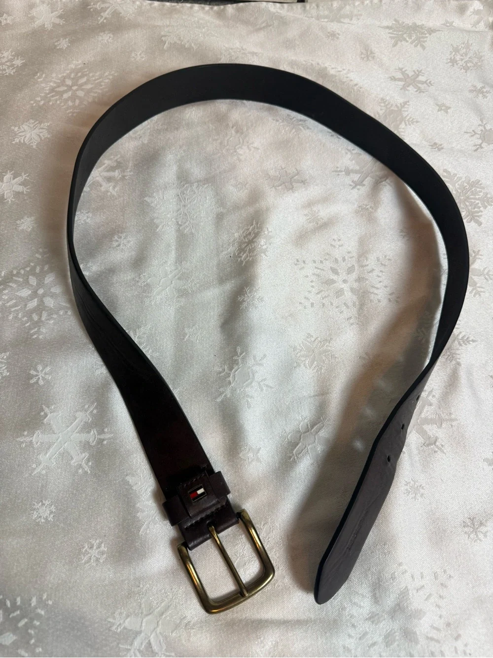 Tommy Hilfiger Brown Leather Belt Brass Buckle Flag Logo 90s Preppy Y2K